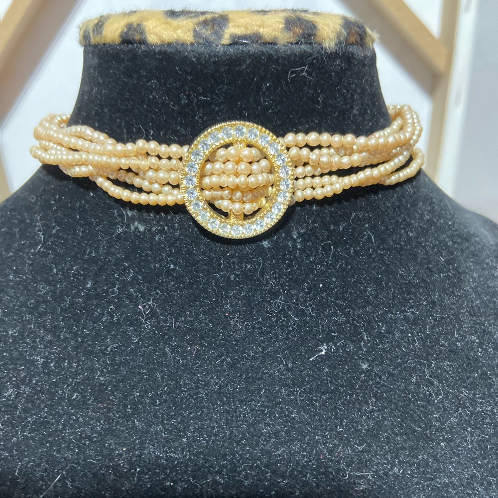 Vintage Multi Strand Seed Faux Pearl Choker Rhinestone Circle Center